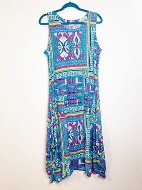 Water Lily Sleeveless Dress Large Boho Colorful Artsy Swing Shift Summer